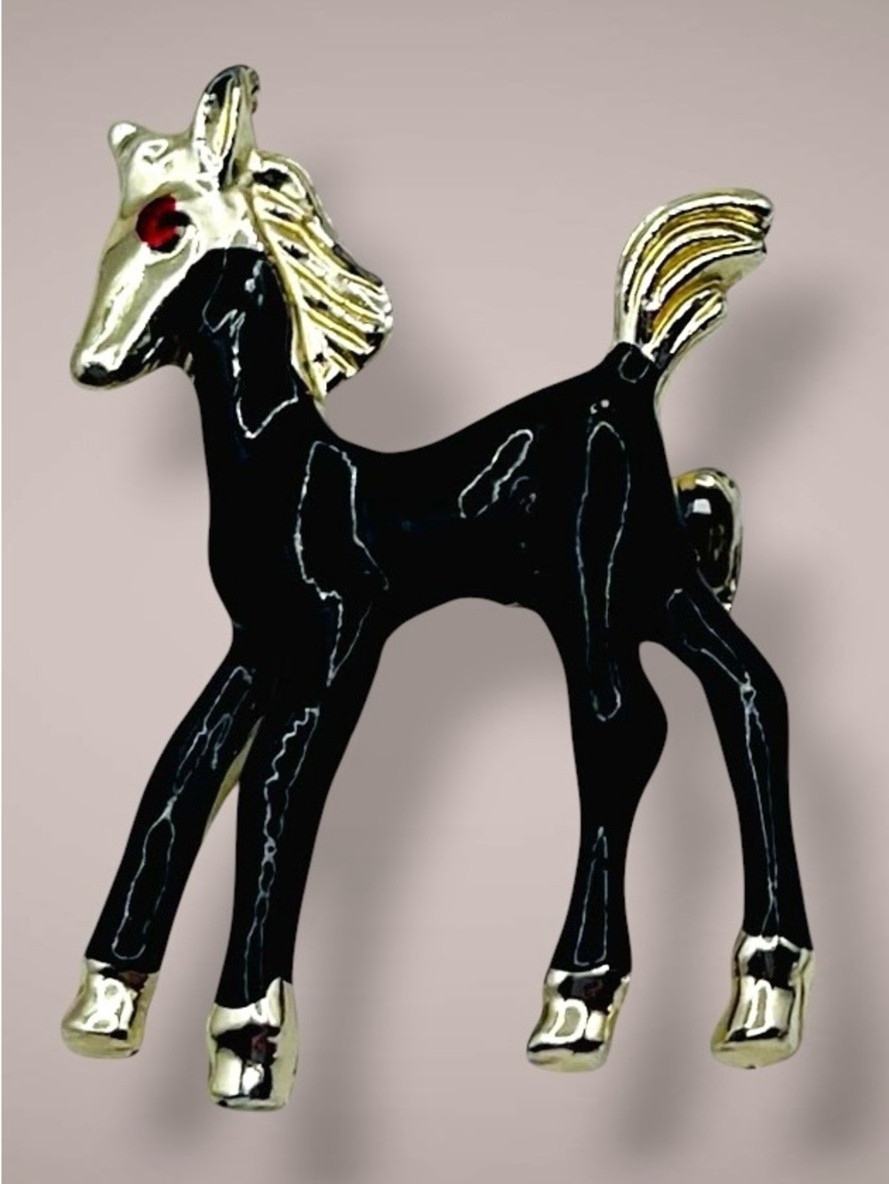 Miniature Vintage Black Enamel and Gold Tone Foal Horse Brooch Mid Century Pc